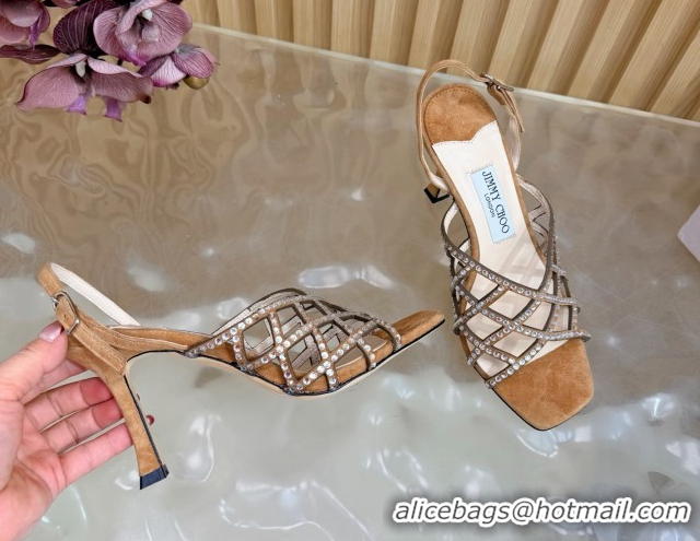 Luxury Jimmy Choo Suede and Strass Heel Sandals 9cm JC020701 Brown 2026