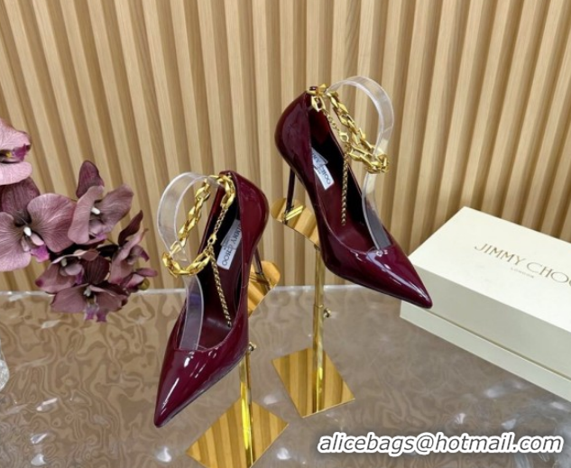 Classic Hot Jimmy Choo Patent Leather Heel Sandals 10cm with Chain Strap JC020702 Burgundy 2026