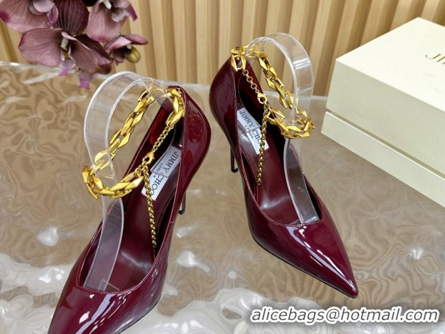 Classic Hot Jimmy Choo Patent Leather Heel Sandals 10cm with Chain Strap JC020702 Burgundy 2026