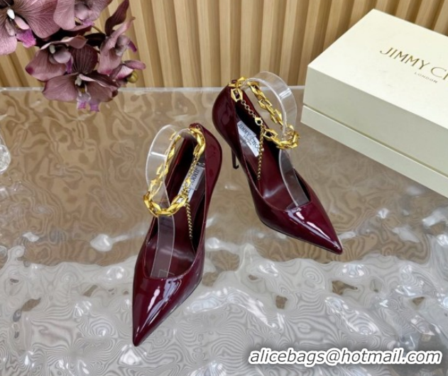 Classic Hot Jimmy Choo Patent Leather Heel Sandals 10cm with Chain Strap JC020702 Burgundy 2026