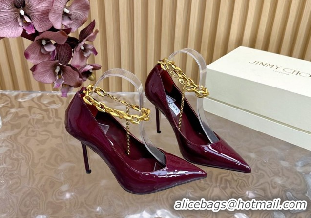 Classic Hot Jimmy Choo Patent Leather Heel Sandals 10cm with Chain Strap JC020702 Burgundy 2026