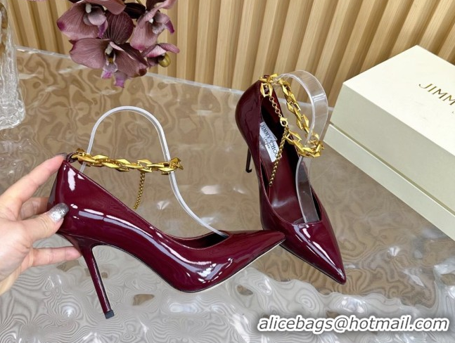 Classic Hot Jimmy Choo Patent Leather Heel Sandals 10cm with Chain Strap JC020702 Burgundy 2026