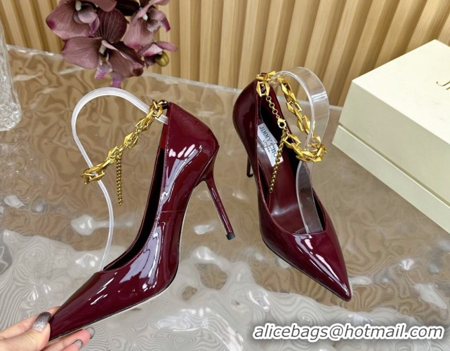 Classic Hot Jimmy Choo Patent Leather Heel Sandals 10cm with Chain Strap JC020702 Burgundy 2026