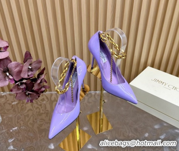 Good Quality Jimmy Choo Patent Leather Heel Sandals 10cm with Chain Strap JC020702 Purple 2026