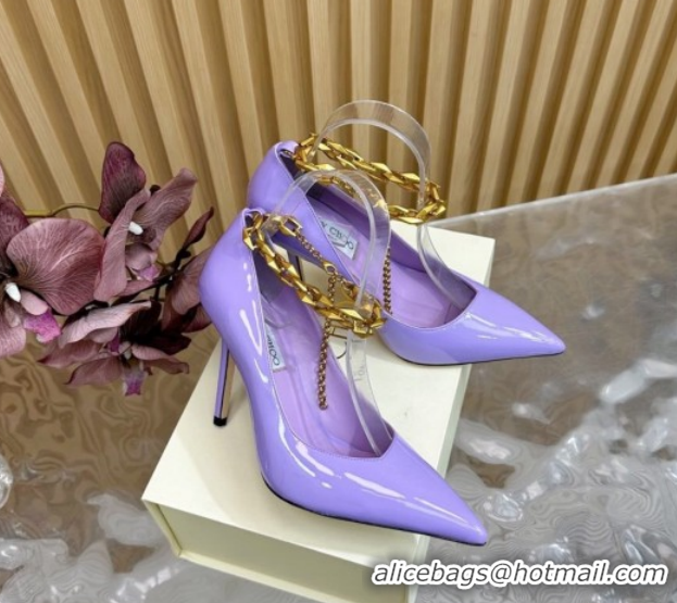 Good Quality Jimmy Choo Patent Leather Heel Sandals 10cm with Chain Strap JC020702 Purple 2026