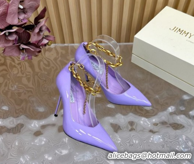Good Quality Jimmy Choo Patent Leather Heel Sandals 10cm with Chain Strap JC020702 Purple 2026