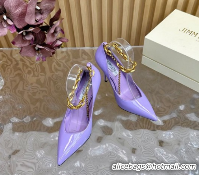 Good Quality Jimmy Choo Patent Leather Heel Sandals 10cm with Chain Strap JC020702 Purple 2026
