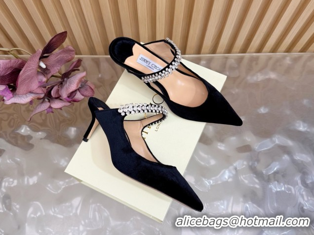 Duplicate Jimmy Choo Bing Heel Mules 6.5cm with Strass Strap in Velvet Black 2026 0724001