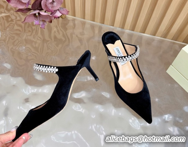 Duplicate Jimmy Choo Bing Heel Mules 6.5cm with Strass Strap in Velvet Black 2026 0724001