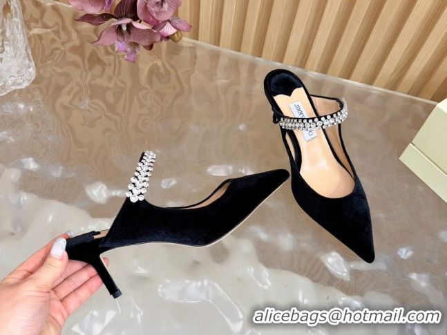 Duplicate Jimmy Choo Bing Heel Mules 6.5cm with Strass Strap in Velvet Black 2026 0724001