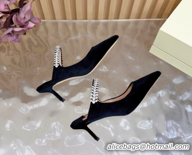 Duplicate Jimmy Choo Bing Heel Mules 6.5cm with Strass Strap in Velvet Black 2026 0724001