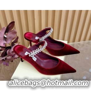 Top Grade Jimmy Choo Bing Heel Mules 6.5cm with Strass Strap in Velvet 0724001 Burgundy 2026