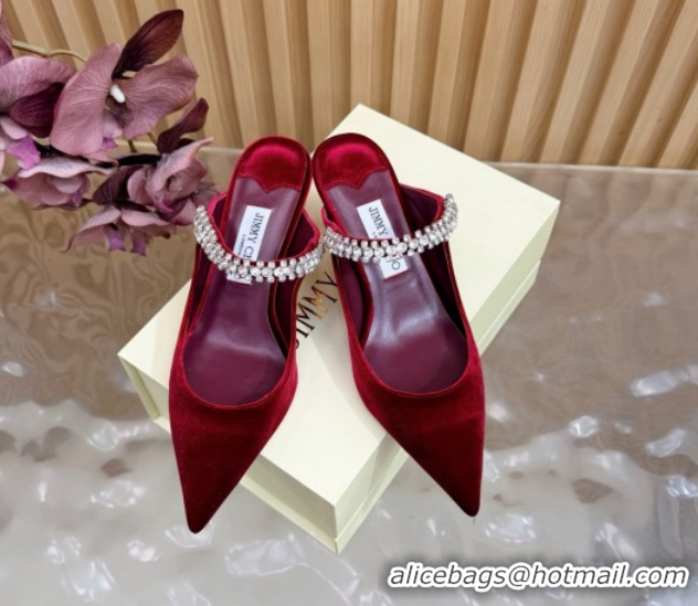 Top Grade Jimmy Choo Bing Heel Mules 6.5cm with Strass Strap in Velvet 0724001 Burgundy 2026