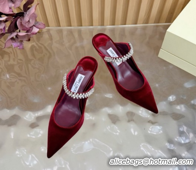 Top Grade Jimmy Choo Bing Heel Mules 6.5cm with Strass Strap in Velvet 0724001 Burgundy 2026