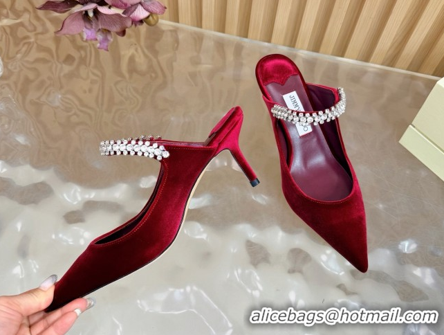 Top Grade Jimmy Choo Bing Heel Mules 6.5cm with Strass Strap in Velvet 0724001 Burgundy 2026
