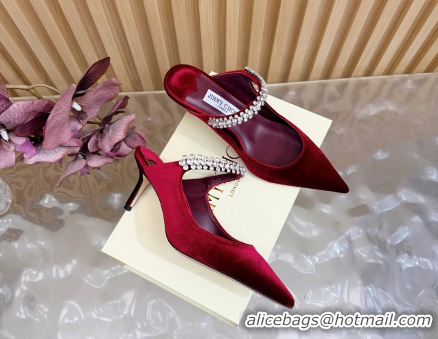 Top Grade Jimmy Choo Bing Heel Mules 6.5cm with Strass Strap in Velvet 0724001 Burgundy 2026