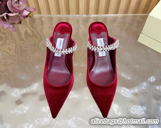 Top Grade Jimmy Choo Bing Heel Mules 6.5cm with Strass Strap in Velvet 0724001 Burgundy 2026