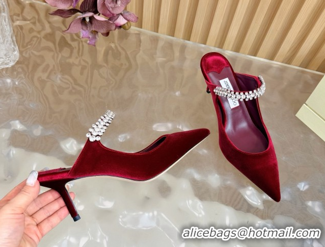 Top Grade Jimmy Choo Bing Heel Mules 6.5cm with Strass Strap in Velvet 0724001 Burgundy 2026