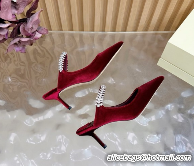 Top Grade Jimmy Choo Bing Heel Mules 6.5cm with Strass Strap in Velvet 0724001 Burgundy 2026