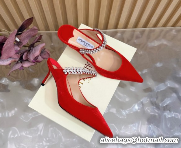Grade Quality Jimmy Choo Bing Heel Mules 6.5cm with Strass Strap in Velvet 0724001 Red 2026