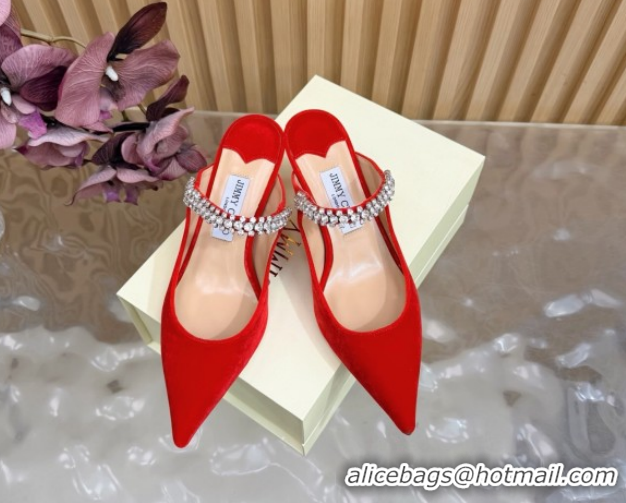 Grade Quality Jimmy Choo Bing Heel Mules 6.5cm with Strass Strap in Velvet 0724001 Red 2026