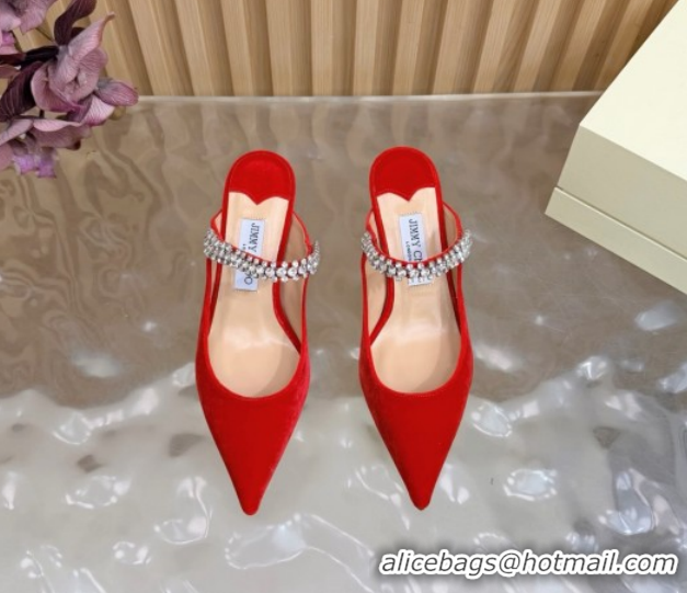 Grade Quality Jimmy Choo Bing Heel Mules 6.5cm with Strass Strap in Velvet 0724001 Red 2026