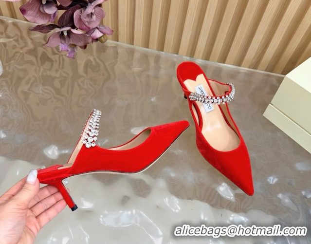 Grade Quality Jimmy Choo Bing Heel Mules 6.5cm with Strass Strap in Velvet 0724001 Red 2026