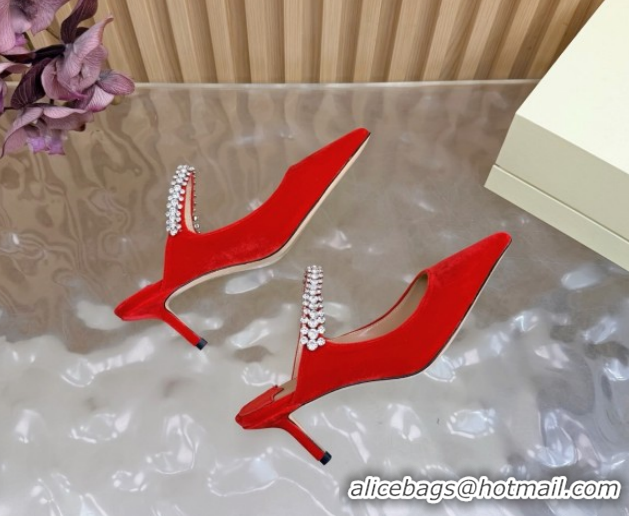 Grade Quality Jimmy Choo Bing Heel Mules 6.5cm with Strass Strap in Velvet 0724001 Red 2026