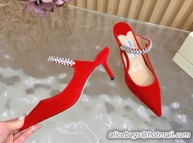 Grade Quality Jimmy Choo Bing Heel Mules 6.5cm with Strass Strap in Velvet 0724001 Red 2026