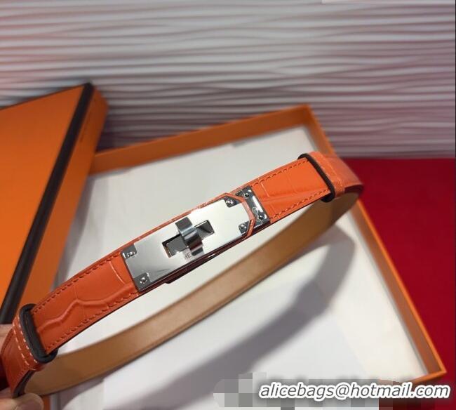 Discount Hermes Kelly Duo Belt 1.8cm in Crocodile Embossed Calfskin with Metal-Tone Buckle H2011025 Orange/Silver 2025