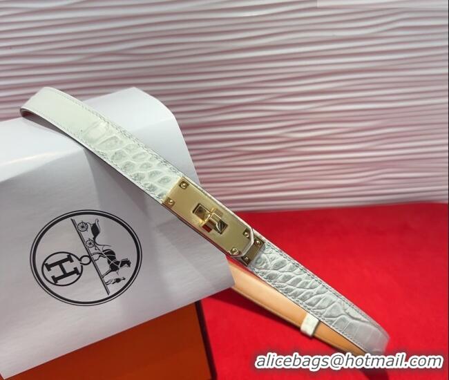 Cheapest Hermes Kelly Duo Belt 1.8cm in Crocodile Embossed Calfskin with Metal-Tone Buckle H2011025 White 2025