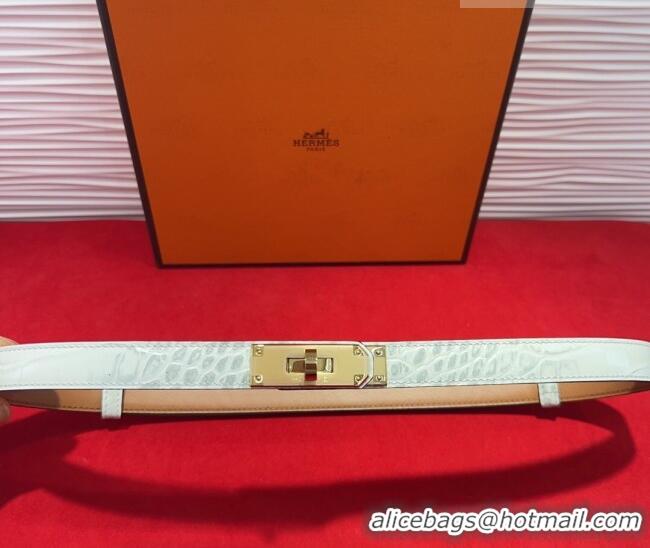 Cheapest Hermes Kelly Duo Belt 1.8cm in Crocodile Embossed Calfskin with Metal-Tone Buckle H2011025 White 2025