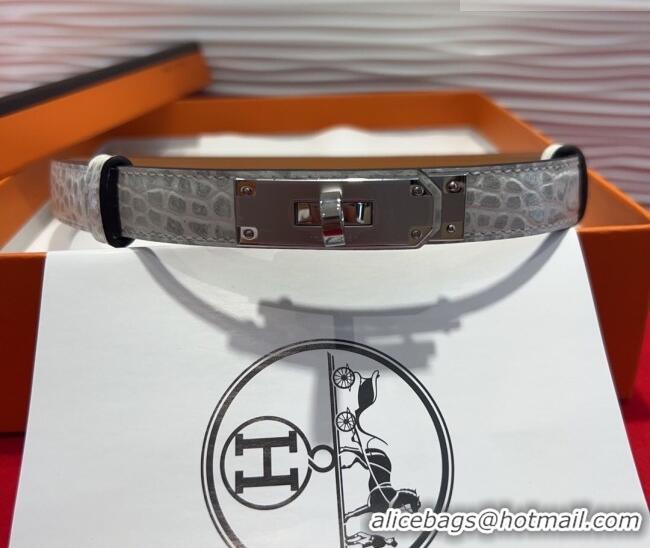 Famous Brand Hermes Kelly Duo Belt 1.8cm in Crocodile Embossed Calfskin with Metal-Tone Buckle H2011025 White/Silver 202