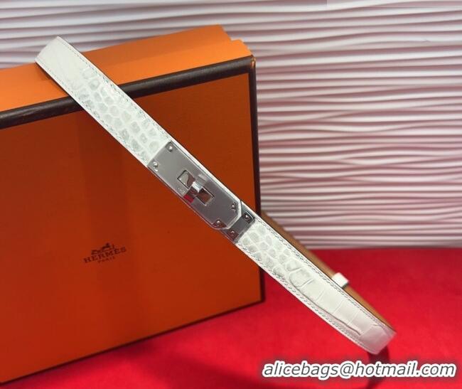 Famous Brand Hermes Kelly Duo Belt 1.8cm in Crocodile Embossed Calfskin with Metal-Tone Buckle H2011025 White/Silver 202