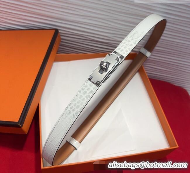 Famous Brand Hermes Kelly Duo Belt 1.8cm in Crocodile Embossed Calfskin with Metal-Tone Buckle H2011025 White/Silver 202