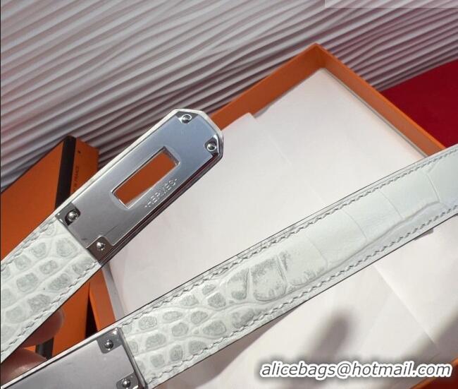 Famous Brand Hermes Kelly Duo Belt 1.8cm in Crocodile Embossed Calfskin with Metal-Tone Buckle H2011025 White/Silver 202