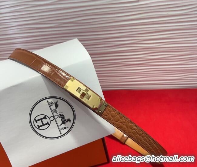 Best Product Hermes Kelly Duo Belt 1.8cm in Crocodile Embossed Calfskin with Metal-Tone Buckle H2011025 Brown/Gold 2025