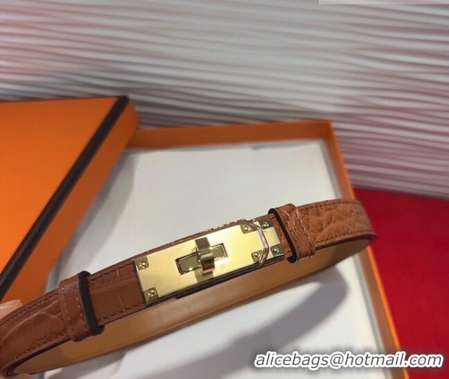 Best Product Hermes Kelly Duo Belt 1.8cm in Crocodile Embossed Calfskin with Metal-Tone Buckle H2011025 Brown/Gold 2025
