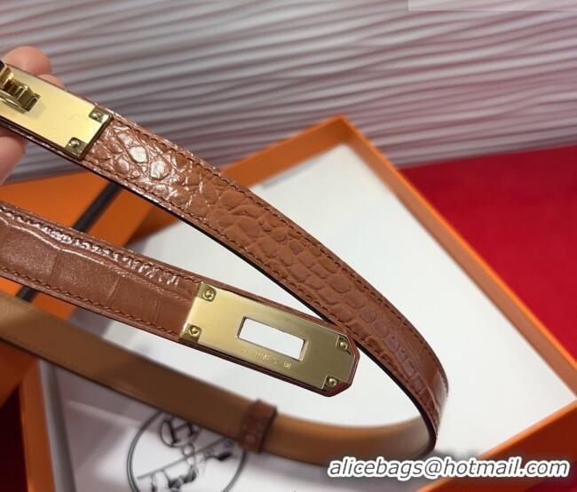 Best Product Hermes Kelly Duo Belt 1.8cm in Crocodile Embossed Calfskin with Metal-Tone Buckle H2011025 Brown/Gold 2025