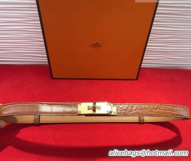 Best Product Hermes Kelly Duo Belt 1.8cm in Crocodile Embossed Calfskin with Metal-Tone Buckle H2011025 Brown/Gold 2025