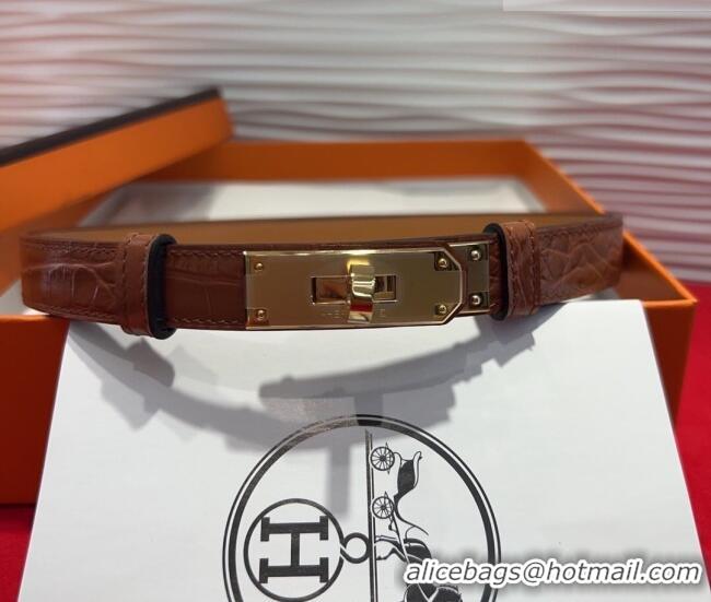 Best Product Hermes Kelly Duo Belt 1.8cm in Crocodile Embossed Calfskin with Metal-Tone Buckle H2011025 Brown/Gold 2025