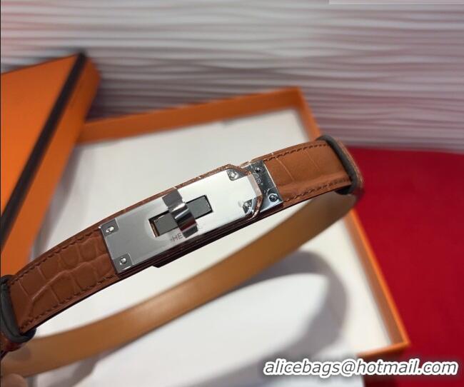 New Fashion Hermes Kelly Duo Belt 1.8cm in Crocodile Embossed Calfskin with Metal-Tone Buckle H2011025 Brown/Silver 2025