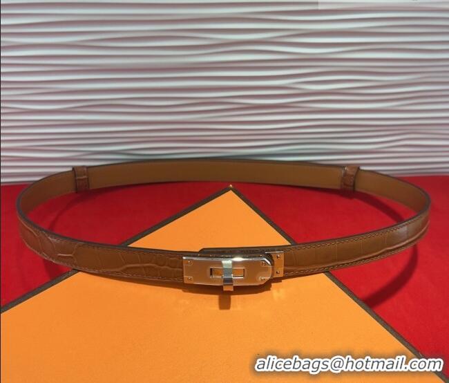 New Fashion Hermes Kelly Duo Belt 1.8cm in Crocodile Embossed Calfskin with Metal-Tone Buckle H2011025 Brown/Silver 2025