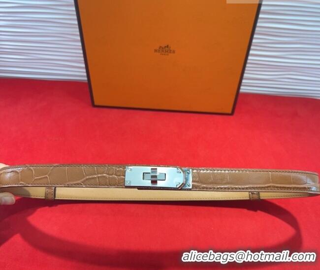 New Fashion Hermes Kelly Duo Belt 1.8cm in Crocodile Embossed Calfskin with Metal-Tone Buckle H2011025 Brown/Silver 2025