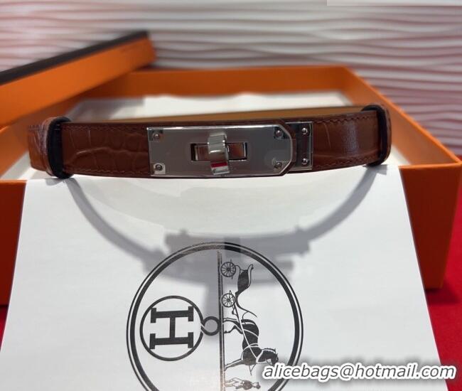 New Fashion Hermes Kelly Duo Belt 1.8cm in Crocodile Embossed Calfskin with Metal-Tone Buckle H2011025 Brown/Silver 2025