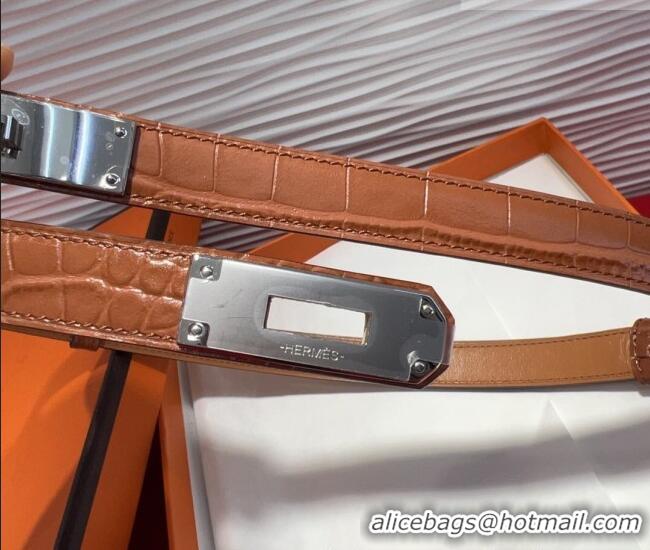 New Fashion Hermes Kelly Duo Belt 1.8cm in Crocodile Embossed Calfskin with Metal-Tone Buckle H2011025 Brown/Silver 2025