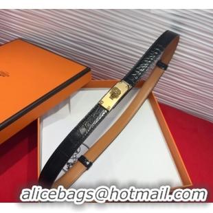 Grade Hermes Kelly Duo Belt 1.8cm in Crocodile Embossed Calfskin with Metal-Tone Buckle H2011025 Black/Gold 2025