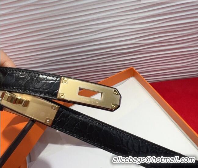 Grade Hermes Kelly Duo Belt 1.8cm in Crocodile Embossed Calfskin with Metal-Tone Buckle H2011025 Black/Gold 2025