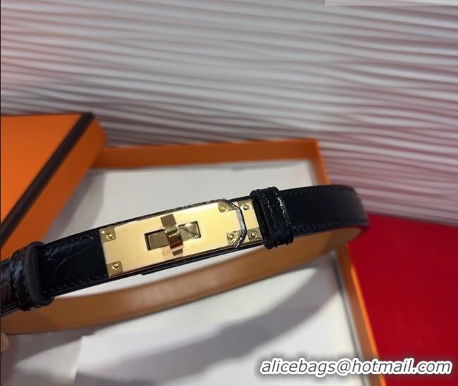 Grade Hermes Kelly Duo Belt 1.8cm in Crocodile Embossed Calfskin with Metal-Tone Buckle H2011025 Black/Gold 2025