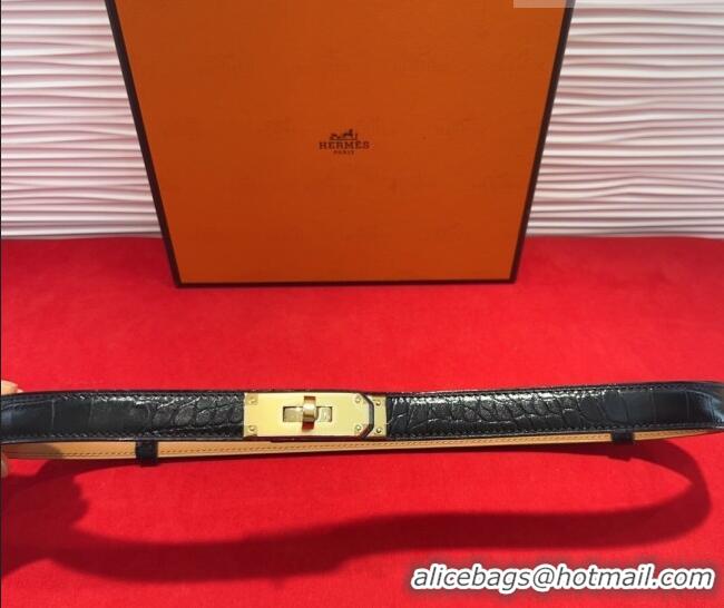 Grade Hermes Kelly Duo Belt 1.8cm in Crocodile Embossed Calfskin with Metal-Tone Buckle H2011025 Black/Gold 2025
